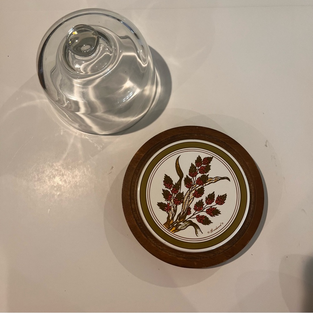 Vintage MCM Goodwood Cheese Board Tray w/ Glass Dome with Floral Wooden Base